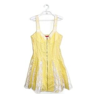 BETSEY JOHNSON Womens Yellow Eyelet Floral Lace Sweetheart Pinup Mini Dress - 10